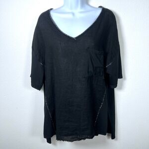 Made In Italy Womens Linen Blend Top  Sz L V-Neck Short Sleeve Relaxed Fit Black